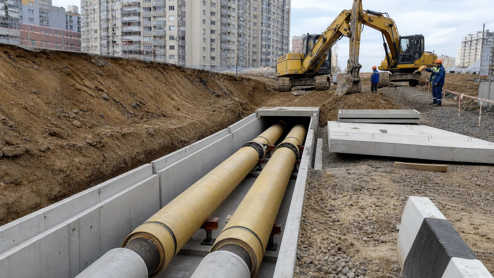 Укладка железобетонных лотков теплотрассы в траншее
